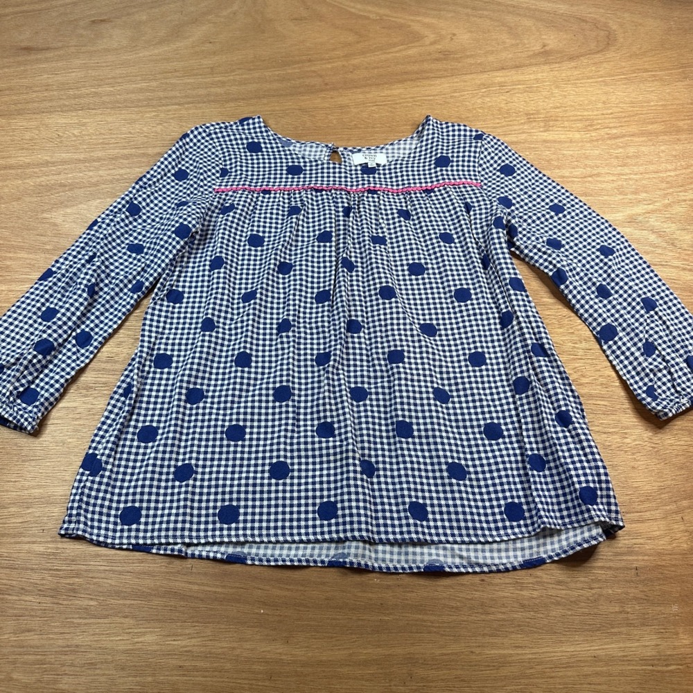 Crown & Ivy Kids XL Blue White Gingham Polka Dot Tunic Top Pink Trim Boho